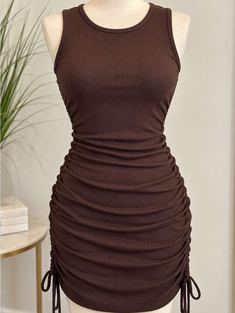 SHEIN Brown Sleeveless Ruched Bodycon Mini Dress